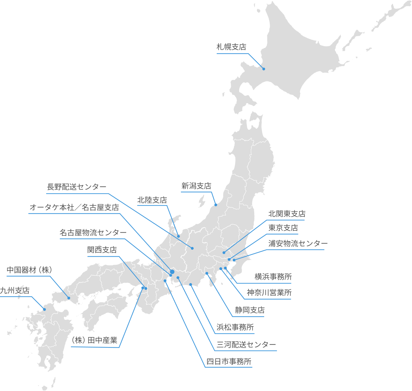 本社、支店の場所を示した日本地図